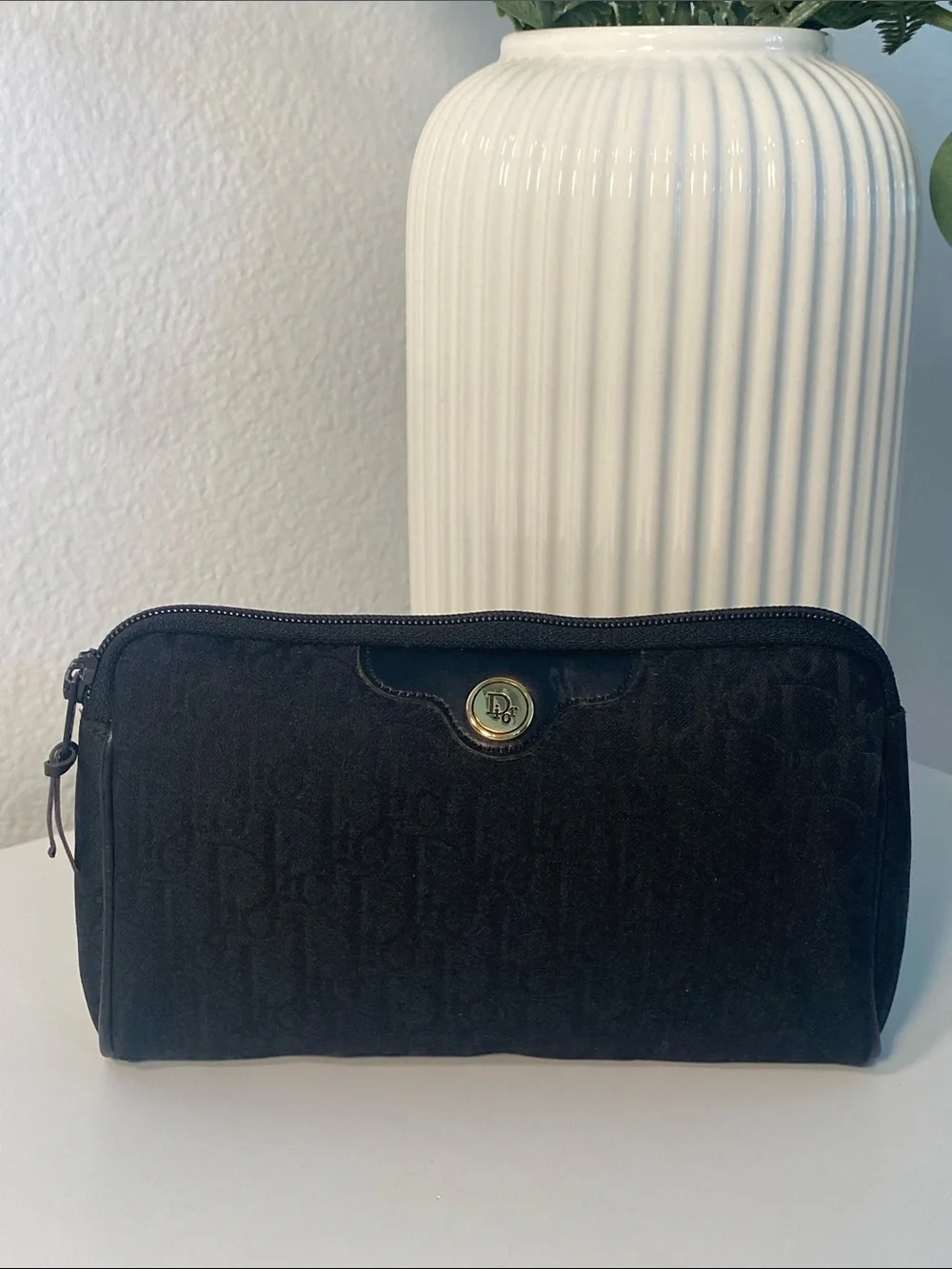 Dior Black Canvas Cosmetic Pouch with Gold Accent